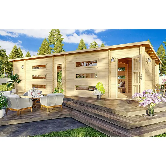 Fjordholz Gartenhaus Dundee 90 B - Außenmaß inkl. Dachüberstand (B x T): 1.003,9 x 524 cm, Holz, Naturbelassen - Helles Gartenhaus aus Holz mit integrierter Terrasse, umgeben von Bäumen und Sitzgelegenheiten im Freien.