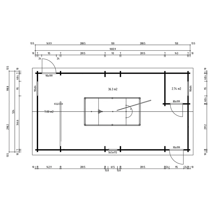 Fjordholz Gartenhaus Dundee 90 B - Außenmaß inkl. Dachüberstand (B x T): 1.003,9 x 524 cm, Holz, Naturbelassen - Detaillierter Grundriss eines Gebäudes mit Maßen, Flächenangaben und Inneneinrichtung inklusive Billardtisch.