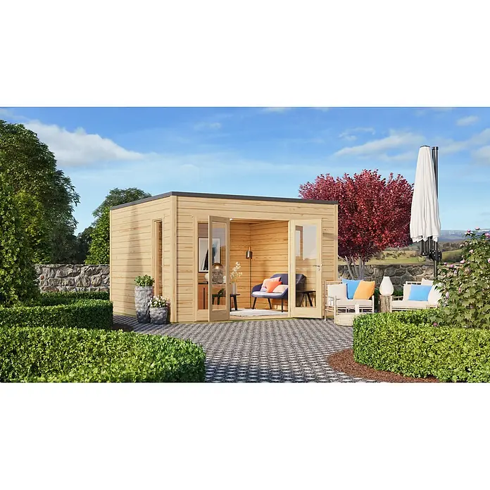 Fjordholz Gartenhaus Q-BIC 44 A Farbbehandlung Schwedenrot - Außenmaß inkl. Dachüberstand (B x T): 400 x 400 cm, Holz, Naturbelassen - Helles Holz-Gartenhaus mit offenen Doppeltüren, verbunden mit einer möblierten Terrasse.