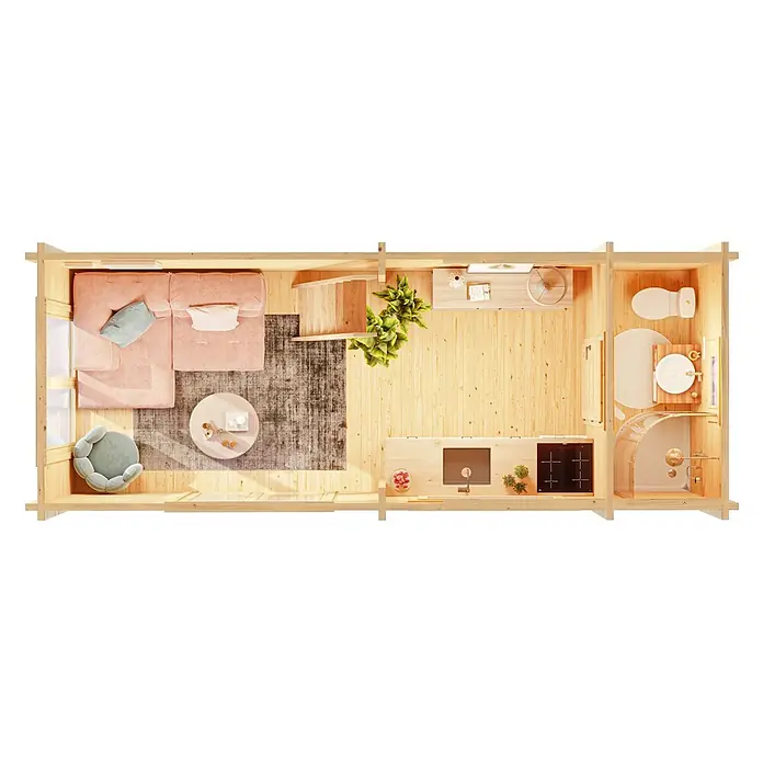 Fjordholz Gartenhaus Heritage 70 B - Außenmaß inkl. Dachüberstand (B x T): 720 x 280 cm, Holz, Naturbelassen - Draufsicht auf ein kleines Holzhaus-Interieur mit Wohn-, Küchen- und Badbereich, hellen Möbeln und Holzböden.