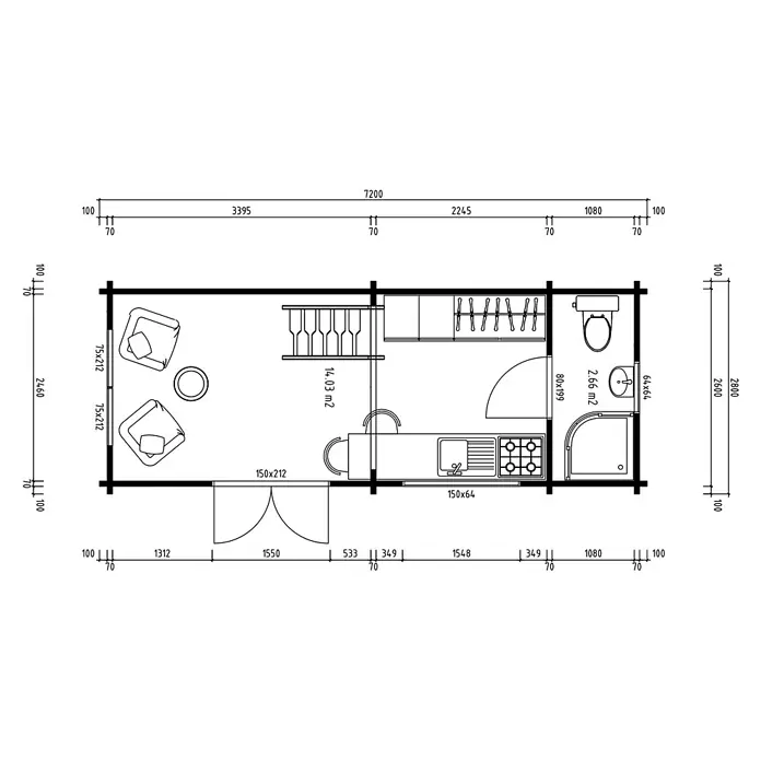 Fjordholz Gartenhaus Heritage 70 B - Außenmaß inkl. Dachüberstand (B x T): 720 x 280 cm, Holz, Naturbelassen - Detaillierter Grundriss eines kleinen Hauses mit Wohnzimmer, Küche, Bad und Maßen.