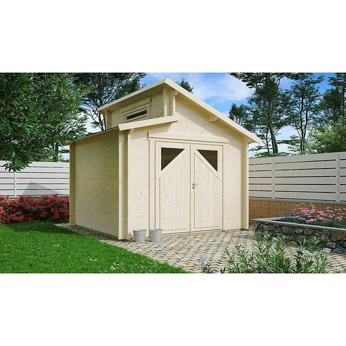Fjordholz Gartenhaus Varianta 44 B Moderne-Tür (Milchglas) - Außenmaß inkl. Dachüberstand (B x T): 245 x 245 cm, Holz, Farbbehandlung Carbongrau - Kleiner Gartenschuppen aus hellem Holz mit Gaube und Doppeltüren, in einer Gartenlandschaft.