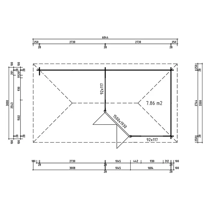 Fjordholz Gartenhaus Maja 28 Farbbehandlung Schwedenrot - Außenmaß inkl. Dachüberstand (B x T): 574,4 x 279,9 cm, Holz, Naturbelassen - Technischer Plan eines Gartenhauses mit detaillierten Maßen, Türöffnung und einer Innenfläche von 7,86 m².