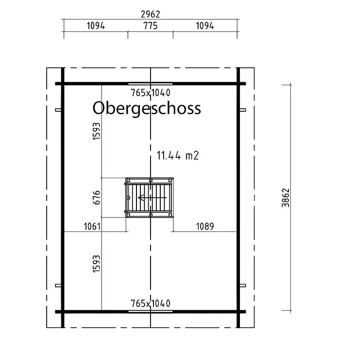 Fjordholz Gartenhaus Cyrene 44 - Außenmaß inkl. Dachüberstand (B x T): 325 x 425 cm, Holz, Farbbehandlung Schwedenrot - Grundriss für ein Obergeschoss mit Maßen und einer Fläche von 11.44 m².