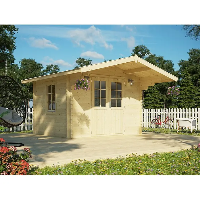 Fjordholz Gartenhaus Salem 40 A - Außenmaß inkl. Dachüberstand (B x T): 320 x 265 cm, Holz, Naturbelassen - Helles Gartenhaus aus Holz mit Terrasse, Fenstertür und Seitenfenster, in einem sonnigen Garten.