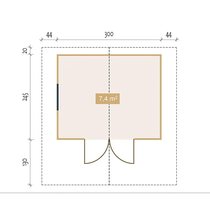Fjordholz Gartenhaus Salem 40 A - Außenmaß inkl. Dachüberstand (B x T): 320 x 265 cm, Holz, Naturbelassen - Grundriss eines rechteckigen Zimmers mit Tür, Fenster, Außenmaßen und einer Innenfläche von 7,4 m².