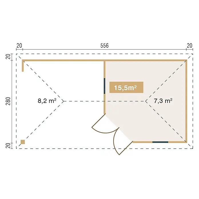 Fjordholz Gartenhaus Jokkmokk 40 - Außenmaß inkl. Dachüberstand (B x T): 576 x 300 cm, Holz, Naturbelassen - Grundriss eines Gebäudes mit zwei Räumen (8,2m² und 7,3m²), der die Raumaufteilung, Abmessungen und eine Gesamtfläche von 15,5m² zeigt.