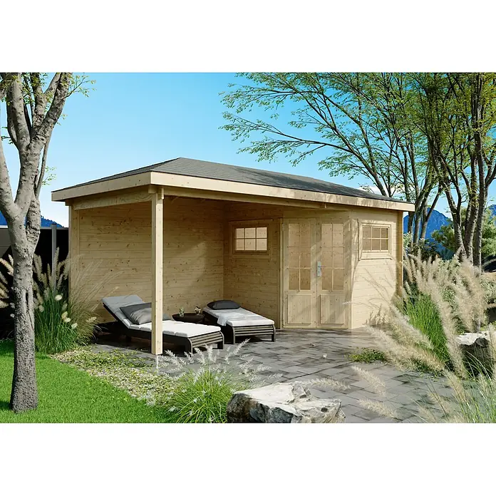 Fjordholz Gartenhaus Evelyn 2C - Außenmaß inkl. Dachüberstand (B x T): 560 x 260 cm, Holz, Naturbelassen - Holzgartenhaus mit überdachter Terrasse und zwei Sonnenliegen, ideal zur Entspannung im Freien.
