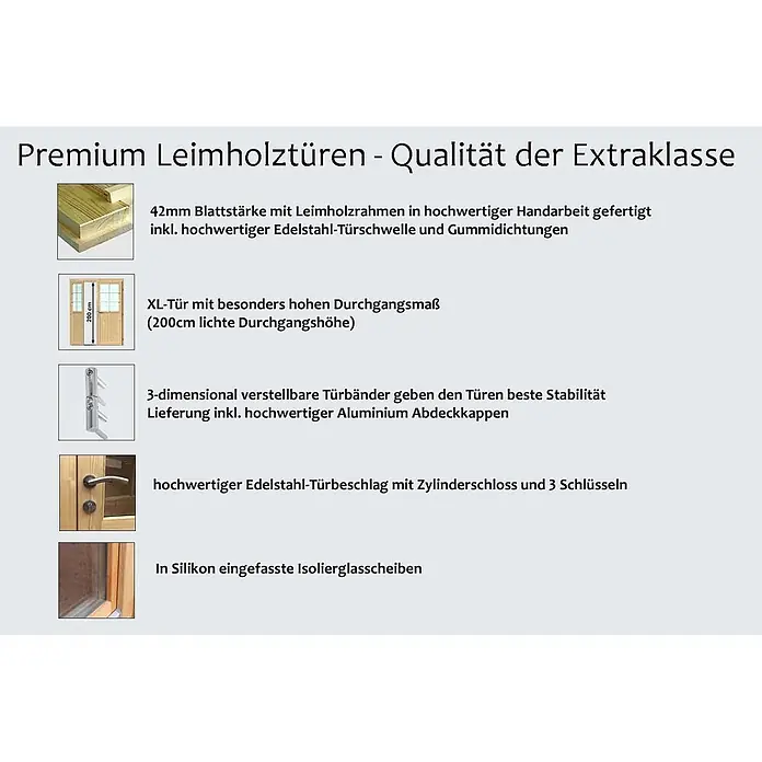 Fjordholz Gartenhaus Varianta 44 F - Außenmaß inkl. Dachüberstand (B x T): 415 x 415 cm, Holz, Naturbelassen - Detailansichten und Gesamtansicht einer hellbraunen Holztür mit verstellbaren Scharnieren, Edelstahlgriff und Isolierglasscheiben.
