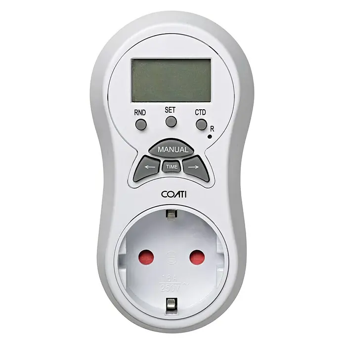 Coati Temporizador / Programador Digital AF132259 - Digital, 16 A - Enchufe temporizador COATI blanco para montaje en pared con pantalla LCD y varios botones para la programación.