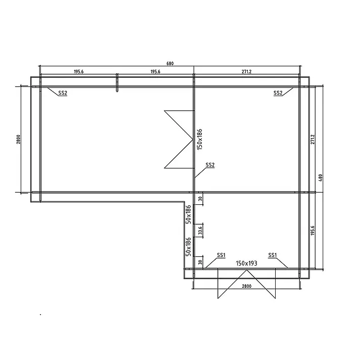 Fjordholz Gartenhaus Luisa 44 - Außenmaß inkl. Dachüberstand (B x T): 680 x 480 cm, Holz, Naturbelassen - Technischer Plan eines Gebäudegrundrisses mit Bemaßungen und Bauteilen.