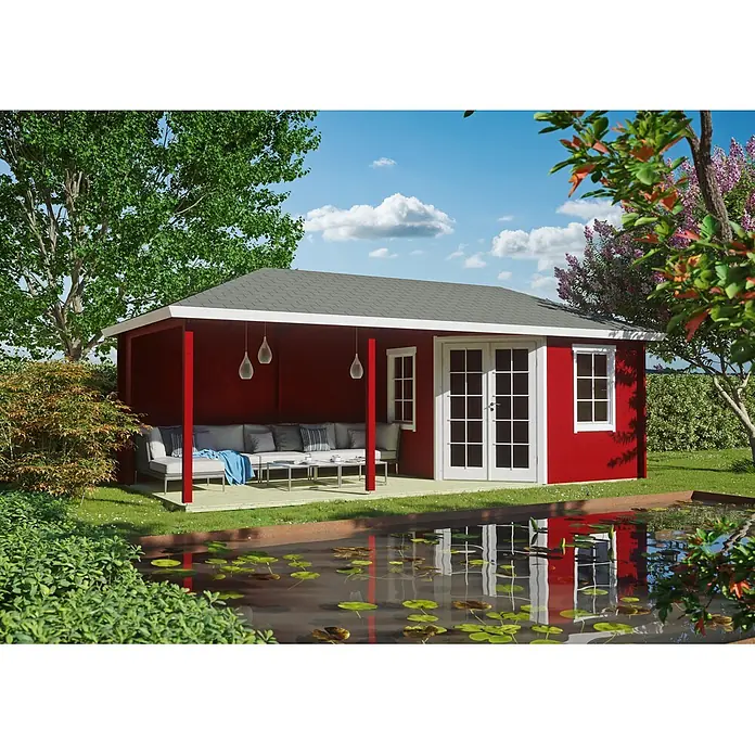 Fjordholz Gartenhaus Kiano 44 E - Außenmaß inkl. Dachüberstand (B x T): 720 x 320 cm, Holz, Farbbehandlung Carbongrau - Rotes Gartenhaus mit grauem Dach und Holzveranda, bietet Sitzgelegenheiten im Garten an einem Teich.
