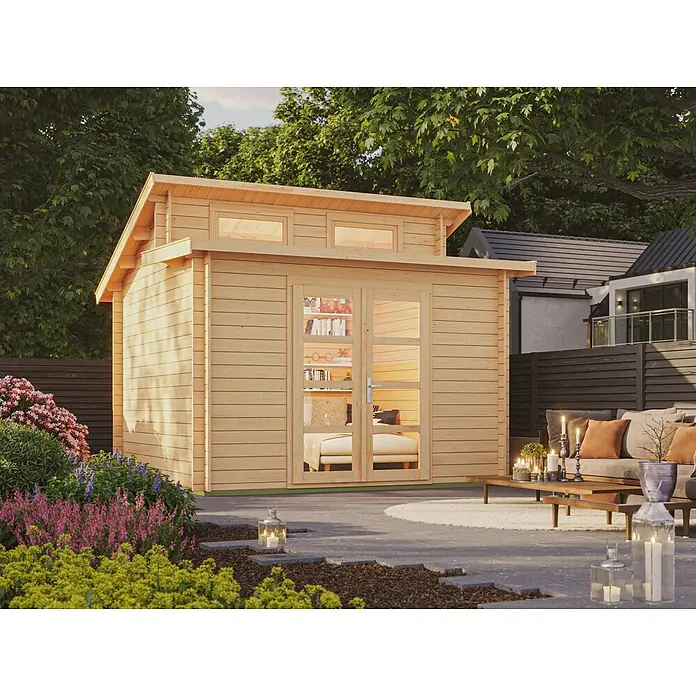 Fjordholz Gartenhaus Aktiva-28 A - Außenmaß inkl. Dachüberstand (B x T): 320 x 320 cm, Holz, Naturbelassen - Leichte Holzgartenhütte mit Glastüren und modernem Pultdach, als Wohnraum im Garten gestaltet.
