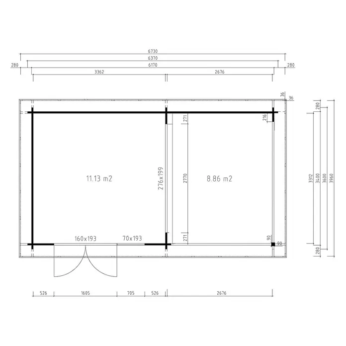 Fjordholz Gartenhaus Karensa 44 - Außenmaß inkl. Dachüberstand (B x T): 637 x 360 cm, Holz, Grau Imprägnierung - Grundriss mit Innen- und Außenmaßen, zeigt zwei Räume, Türöffnungen und Gesamtmaße.