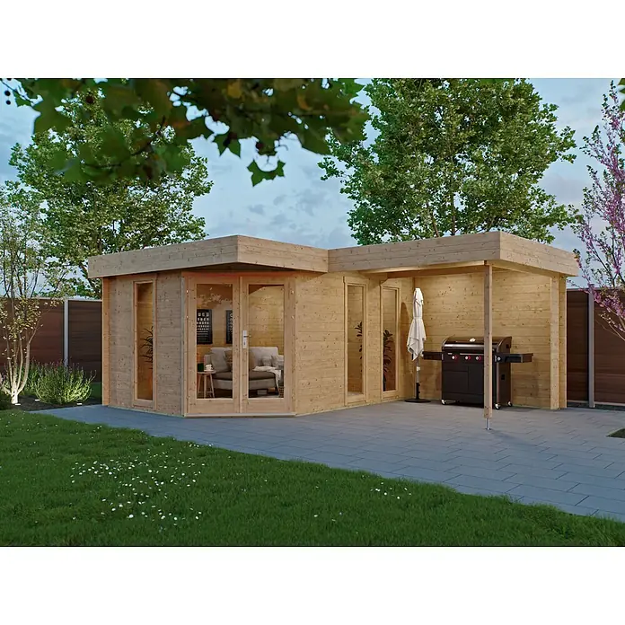 Fjordholz Gartenhaus Miro 28 - Außenmaß inkl. Dachüberstand (B x T): 445 x 575 cm, Holz, Farblose Imprägnierung - L-förmiges Gartenhaus aus Naturholz mit Glastüren, Fenstern und überdachtem Terrassenbereich mit Grill.
