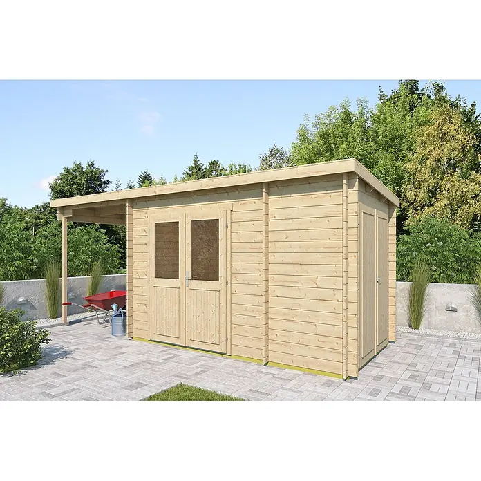 Fjordholz Gartenhaus Hobe 28 A Farbbehandlung Lichtgrau - Außenmaß inkl. Dachüberstand (B x T): 568 x 220 cm, Holz, Naturbelassen - Gartenhaus aus hellem Holz mit integriertem offenem Anbau auf gepflasterter Terrasse.