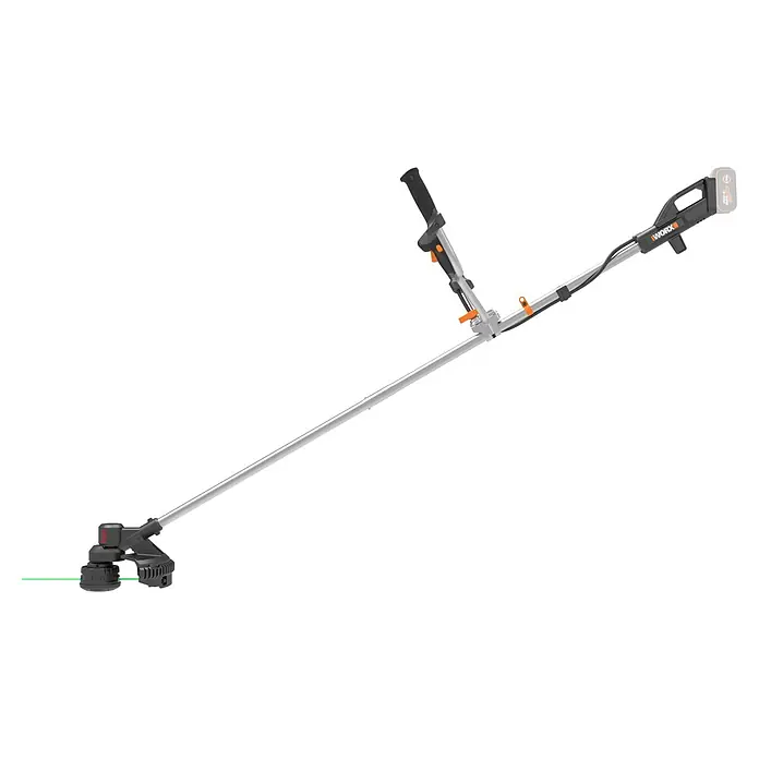 Worx PowerShare 20V Akku-Motorsense WG082E.9 - Ohne Akku, Schnittbreite Faden: 30 cm, Schnittbreite Messer: 25,5 cm - Ein silberner und schwarzer Worx Fadentrimmer mit orangefarbenen Akzenten und grüner Schneideleine, schräg gestellt.