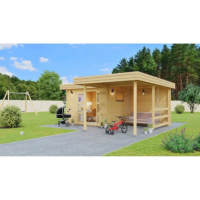 Fjordholz Gartenhaus Roxana 44 Farbbehandlung Carbongrau - Außenmaß inkl. Dachüberstand (B x T): 583,2 x 278,8 cm, Holz, Naturbelassen - Hölzernes Gartenbüro mit angebauter Pergola in grüner Gartenumgebung, mit Innenbüro und Außensitzgelegenheiten.