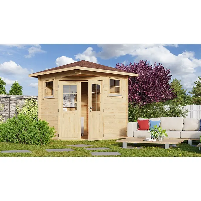 Fjordholz Gartenhaus Nina 44 C - Außenmaß inkl. Dachüberstand (B x T): 250 x 250 cm, Holz, Farbbehandlung Lichtgrau - Helles Holzgartenhaus mit braunem Dach, Doppeltüren und Fenstern, in einem sonnigen Garten.