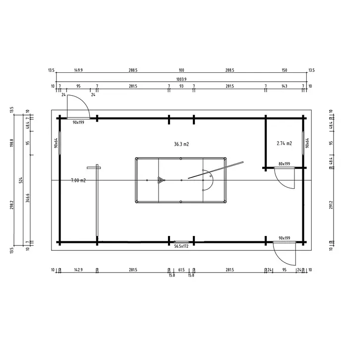 Fjordholz Gartenhaus Dundee 90 A - Außenmaß inkl. Dachüberstand (B x T): 1.003,9 x 524 cm, Holz, Naturbelassen - Detaillierter Grundriss mit Räumen, Abmessungen, Flächen und einem Billardtisch.