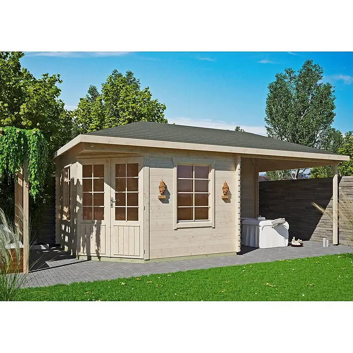 Fjordholz Gartenhaus Isa 40 D - Außenmaß inkl. Dachüberstand (B x T): 632 x 328 cm, Holz, Naturbelassen - Helles Holzgartenhaus mit überdachter Terrasse und Hot-Tub-Entspannungsbereich.