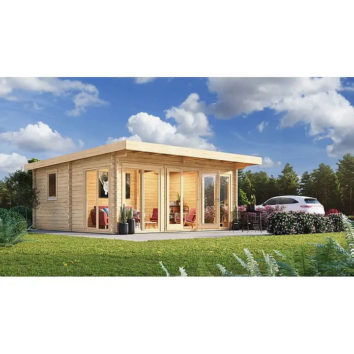 Fjordholz Gartenhaus Taunus 70 Farbbehandlung Carbongrau - Außenmaß inkl. Dachüberstand (B x T): 583,4 x 591,3 cm, Holz, Naturbelassen - Ein modernes, helles Gartenhaus aus Holz mit großen Glastüren und Fenstern, in einem grünen Garten mit Terrasse.