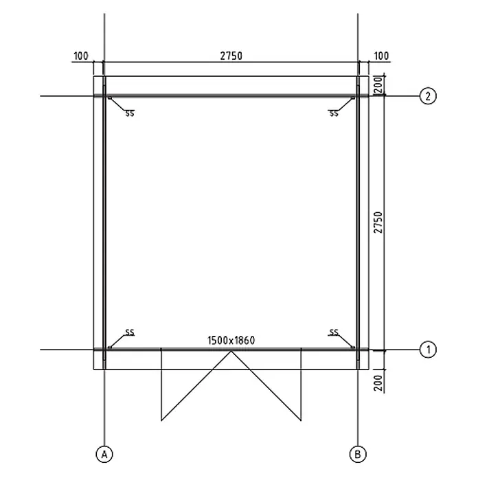 Fjordholz Gartenhaus Bente 28 C - Außenmaß inkl. Dachüberstand (B x T): 295 x 295 cm, Holz, Naturbelassen - Technische Zeichnung eines quadratischen Raumgrundrisses mit Innenmaßen 2750x2750 und einer Türöffnung 1500x1860.