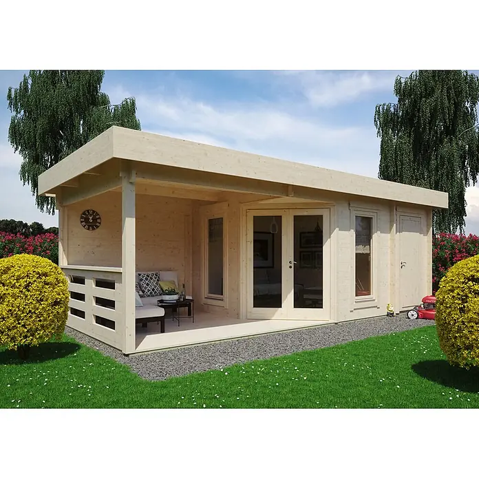 Fjordholz Gartenhaus Nora 44 E Modern - Außenmaß inkl. Dachüberstand (B x T): 730,1 x 320 cm, Holz, Farbbehandlung Lichtgrau - Helles Gartenhaus aus Holz mit Flachdach, integrierter Veranda mit Sitzgelegenheiten, doppelten Glastüren und Fenstern im Garten.