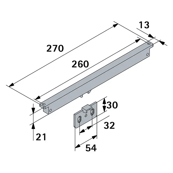 Hettich Schubladenführung Nachrüstdämpfer - Geeignet für: Schubladen, Aluminium - Technisches Diagramm eines grauen Schubladenauszugs, der eine lange Schiene und eine separate Montagehalterung mit Bemaßungen zeigt.