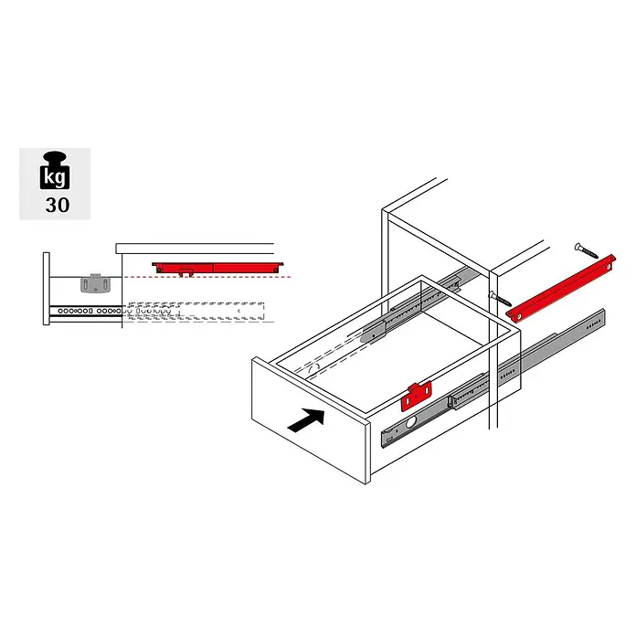Hettich Schubladenführung Nachrüstdämpfer - Geeignet für: Schubladen, Aluminium - Montageanleitung für Metall-Schubladenschienen und rote Halterungen, zeigt Einbau in Schrank und Schublade. Tragkraft: 30 kg.