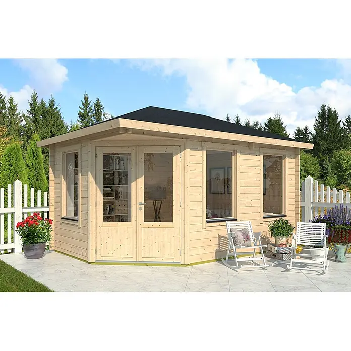 Fjordholz Gartenhaus Lisa 44 B Klassik - Außenmaß inkl. Dachüberstand (B x T): 470 x 320 cm, Holz, Naturbelassen - Helles Gartenhaus aus Holz mit Glastüren und Fenstern, schwarzem Dach, auf einer Terrasse im Grünen gelegen.