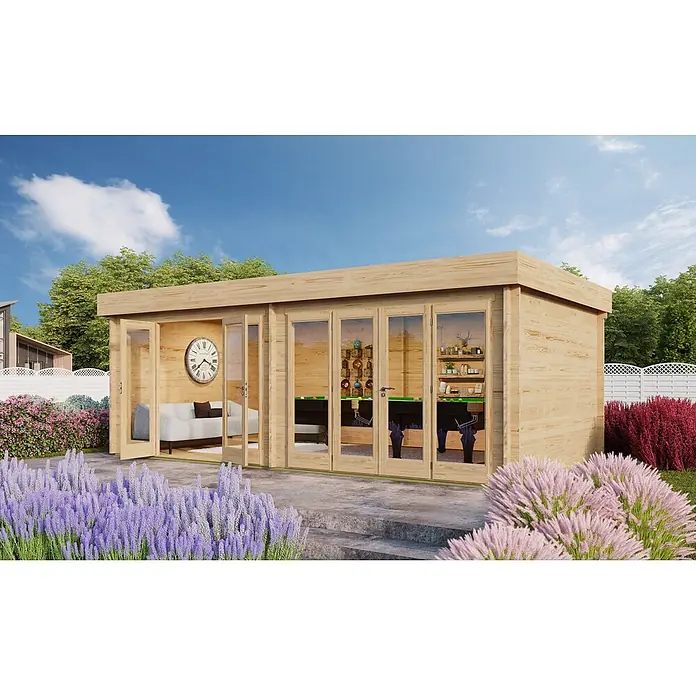 Fjordholz Gartenhaus Kevin 70 Farbbehandlung Carbongrau - Außenmaß inkl. Dachüberstand (B x T): 708,6 x 400 cm, Holz, Naturbelassen - Geräumiges Gartenhaus aus hellem Holz mit großen Glastüren, als Outdoor-Wohn- und Spielzimmer im Garten.