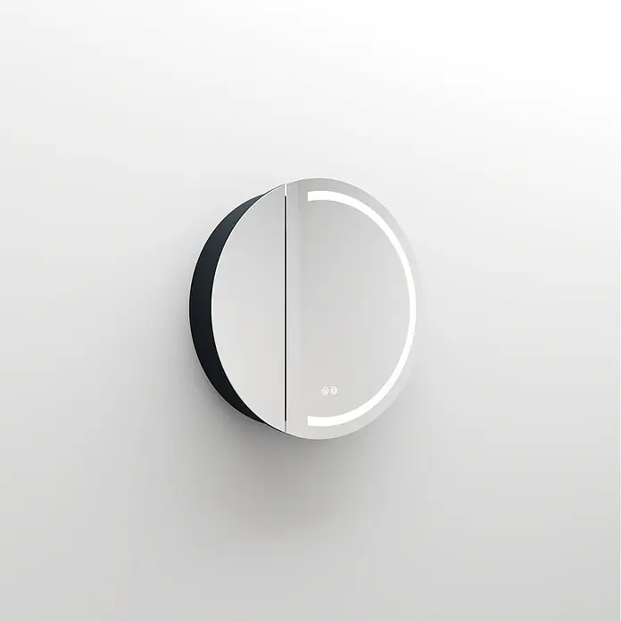 Disbain Armario con espejo LED Mali - Diámetro: 60 cm, Aluminio, Antracita - Gabinete de espejo redondo montado en la pared con puertas divididas, iluminación LED y controles táctiles.