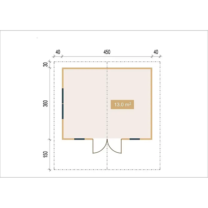 Fjordholz Gartenhaus Detroit 70 - Außenmaß inkl. Dachüberstand (B x T): 470 x 380 cm, Holz, Naturbelassen - Grundriss einer Gartenhütte mit 13,0 m² Innenfläche, Außenmaßen, Doppeltür und mehreren Fenstern.