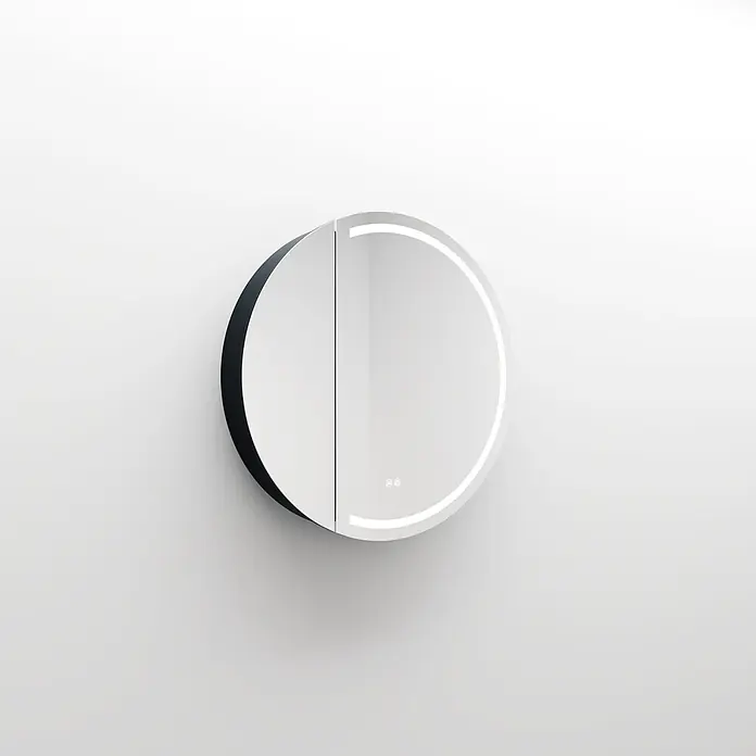 Disbain Armario con espejo LED Mali - Diámetro: 80 cm, Aluminio, Antracita - Armario de baño redondo con espejo iluminado por LED y controles táctiles, de dos puertas.