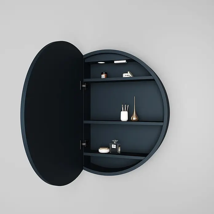 Disbain Armario con espejo LED Mali - Diámetro: 60 cm, Aluminio, Antracita - Armario de pared ovalado azul oscuro, abierto, con tres estantes interiores que muestran pequeños objetos.