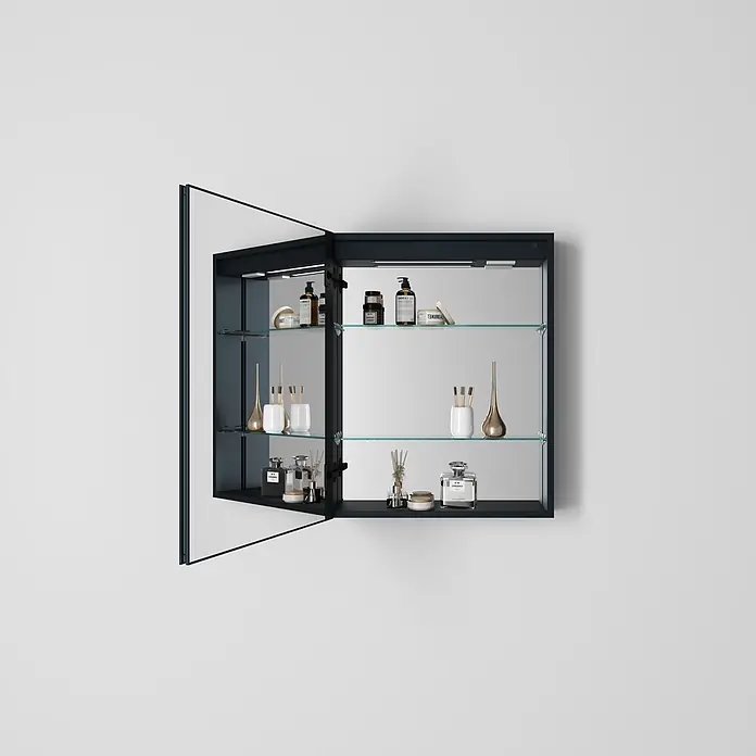 Disbain Armario con espejo LED Kenya - An x Al: 60 x 75 cm, Metal, Vidrio - Botiquín oscuro abierto con puertas de espejo, dos estantes de cristal y artículos de cuidado personal.