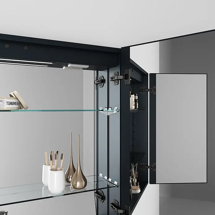Disbain Armario con espejo LED Kenya - An x Al: 80 x 75 cm, Metal, Vidrio - Armario de baño con espejo azul oscuro, parcialmente abierto, con luz interior y estantes de cristal para artículos de tocador.