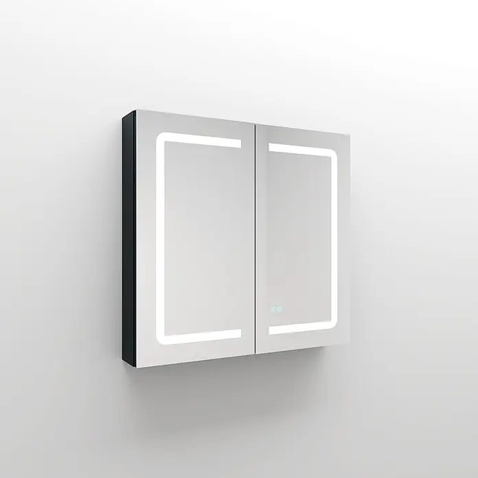 Disbain Armario con espejo LED Kenya - An x Al: 80 x 75 cm, Metal, Vidrio - Armario de baño con espejo de dos puertas, luces LED integradas y controles táctiles, con marco oscuro.