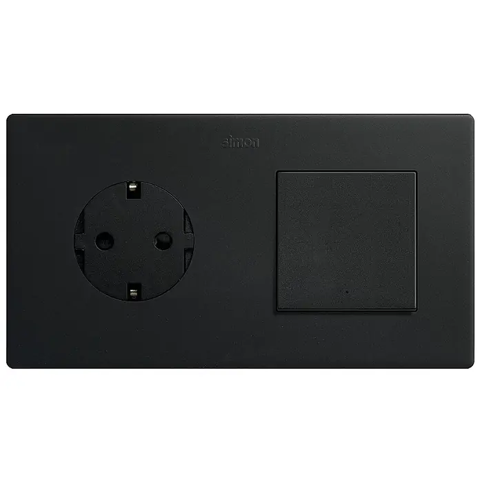 Simon 270 Enchufe con conmutador - Negro, Mate, x 2, Montaje en superficie, IP20 - Placa combinada negra mate de enchufe (Schuko) e interruptor de luz.