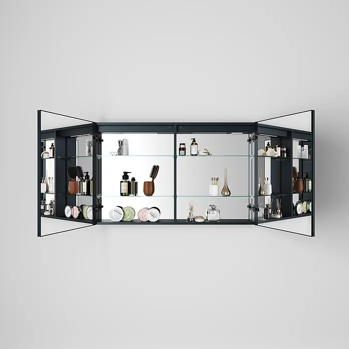 Disbain Armario con espejo LED Kenya - An x Al: 120 x 75 cm, Metal, Vidrio - Botiquín gris oscuro abierto con puertas de espejo, iluminación interior y estantes de vidrio llenos de productos de baño.