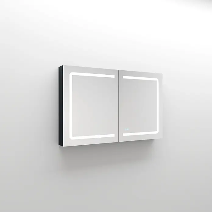 Disbain Armario con espejo LED Kenya - An x Al: 120 x 75 cm, Metal, Vidrio - Armario con espejo de dos puertas con marco negro e iluminación LED integrada, con controles táctiles en la puerta derecha.