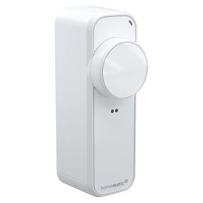 Smartes Türschloss HmIP-DLP - Kunststoff, Weiß - Weißes Smart-Home-Gerät mit großem Drehregler und zwei kleinen Anzeigepunkten. Mit "homematic IP" Branding.