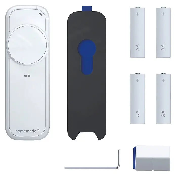 Smartes Türschloss HmIP-DLP - Kunststoff, Weiß - Weiße Smart-Home-Fernbedienung, Montageplatte, vier AA-Batterien und ein Inbusschlüssel zur Installation.