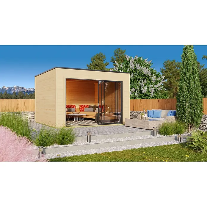 Fjordholz Gartenhaus Q-BIC Alu 44 A 6mm Einfachglas - Außenmaß inkl. Dachüberstand (B x T): 380 x 380 cm, Holz, Grau Imprägnierung - Moderner Gartenpavillon aus hellem Holz mit großen Glasschiebetüren, innen und außen mit Loungebereichen.