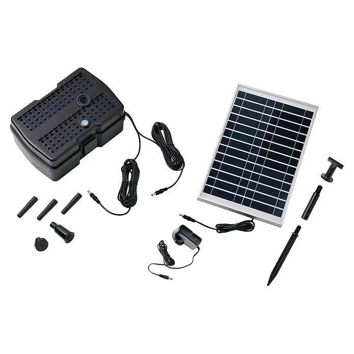 Pontec Unterwasserfilter Pondorell 1500 UVC Solar - Teichgröße: 1.500 l - Solarbetriebenes Teichpumpen-Set: schwarzes Pumpengehäuse, Solarpanel, Kabel und diverse schwarze Düsen/Verlängerungen für Wasserspiele.