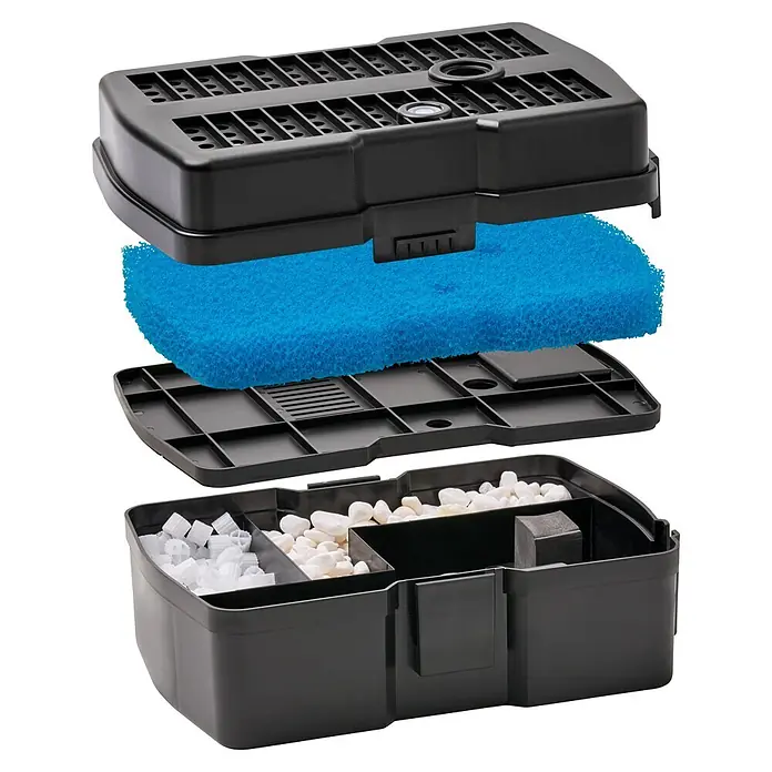 Pontec Unterwasserfilter Pondorell 1500 UVC Solar - Teichgröße: 1.500 l - Explosionszeichnung eines schwarzen Mehrkammer-Aquarienfilters mit blauem Filterschwamm und verschiedenen weißen und schwarzen Filtermedien.