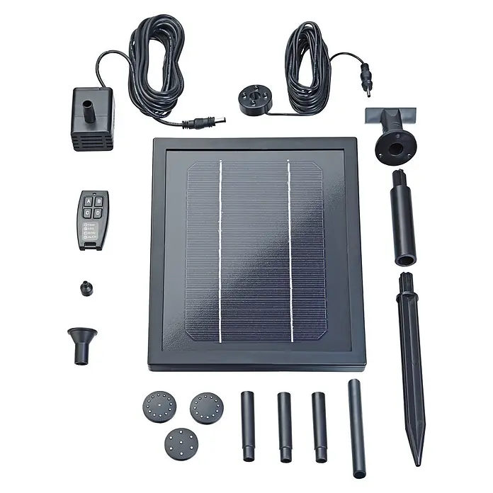 Pontec Solar-Wasserspielpumpe Pondosolar 250 Control - IP68, Max. Fördermenge: 250 l/h - Schwarzes Solarbrunnenpumpen-Kit: Solarpanel, Pumpe, LED-Licht, Fernbedienung und diverse Düsen mit Montagezubehör.