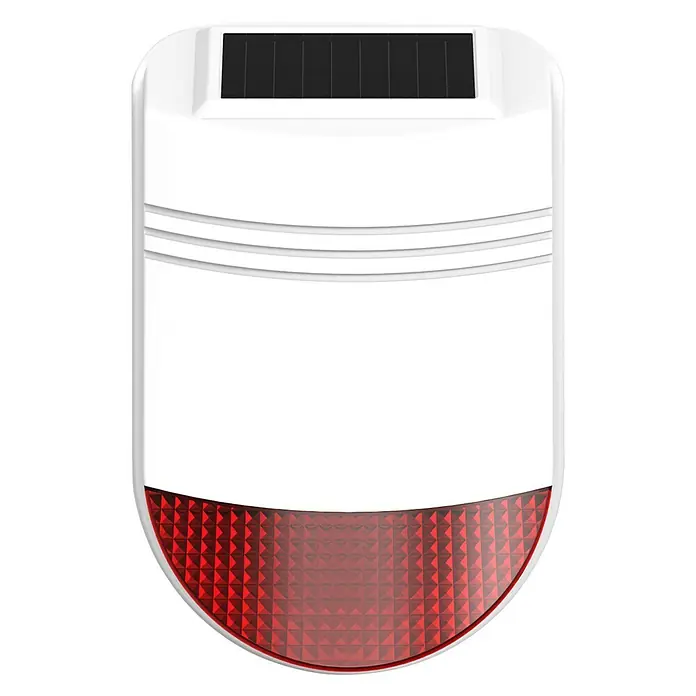 Safe2Home Funk-Solaraußensirene SP110 - Passend für: Safe2Home Alarmanlage SP110/210, Alarmsignal: 105 dB, B x H: 150 x 320 mm - Nahaufnahme einer weißen Dummy-Alarmsirene mit Solarpanel und roter LED-Warnleuchte, die Sicherheit signalisiert.