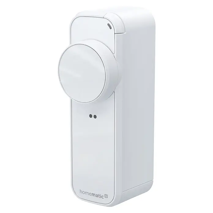 Smartes Türschloss HmIP-DLP - Kunststoff, Weiß - Weißes Homematic IP Smart-Home-Gerät mit kreisförmigem Einstellrad und Statusanzeigen.